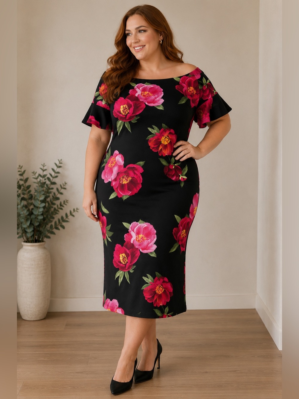 Off-Shoulder Floral Midi Dress in Black with Pink & Red Blooms